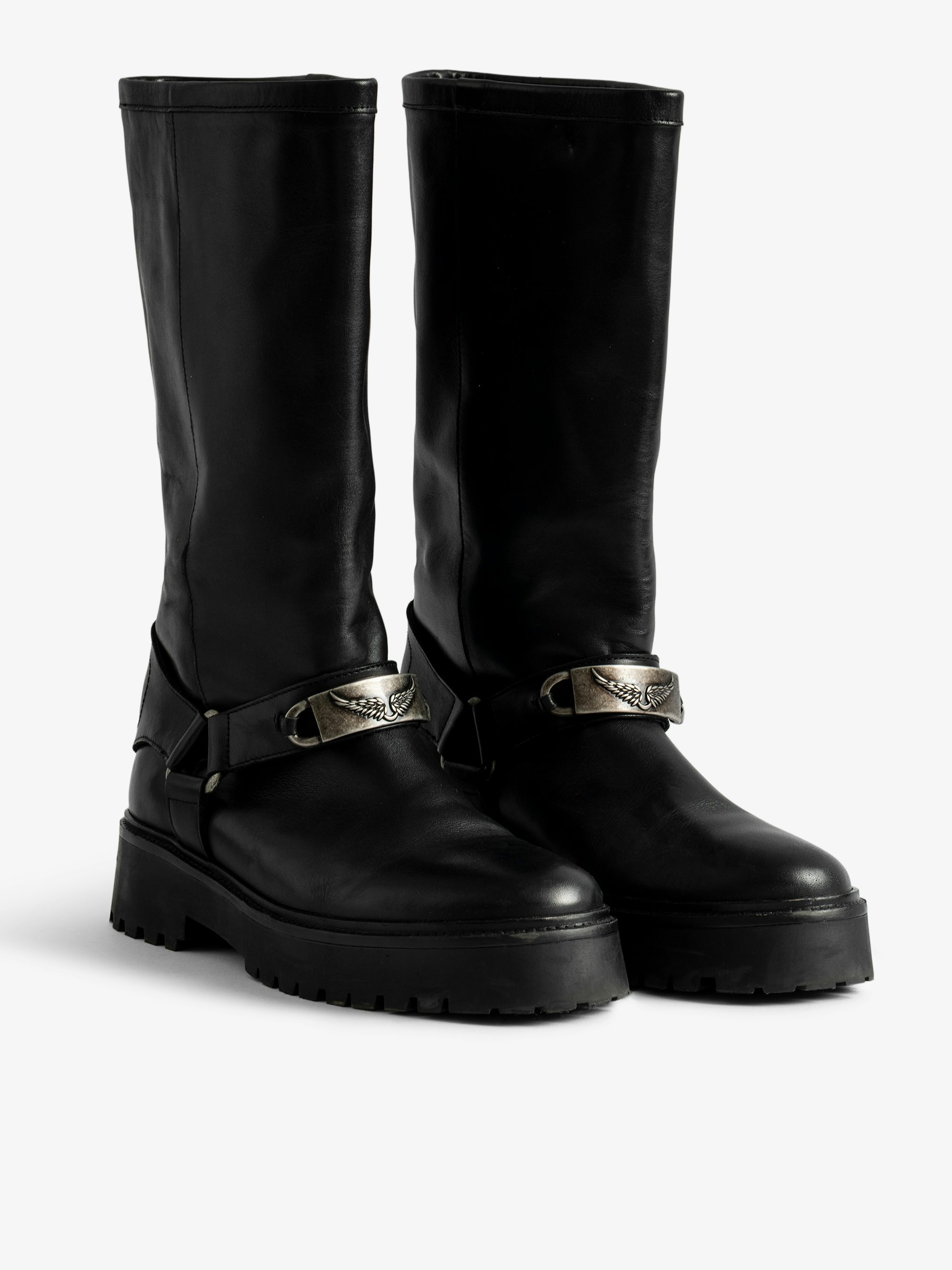 Angie Ankle Boots - Biker-inspired leather ankle boots with harness adorned with chain details.